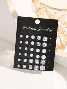 15pairs/Set Exquisite Cubic Zirconia & Faux Pearl Decor Square & Round Stud Earrings For Women For Gift - Multicolor - View 3