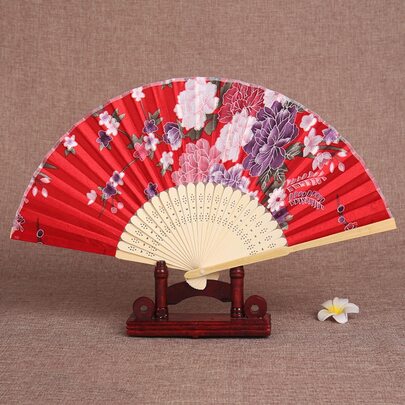 Chinese Style Printed Folding Fan With Rose Floral Print, Vintage Dance Costume Props, Handheld Travel Decorative Fan