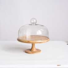 1set Bamboo Cake Stand With Glass Dome Cover, Food Display Stand For Dessert, Bread, Fruits - Ginger - View 1