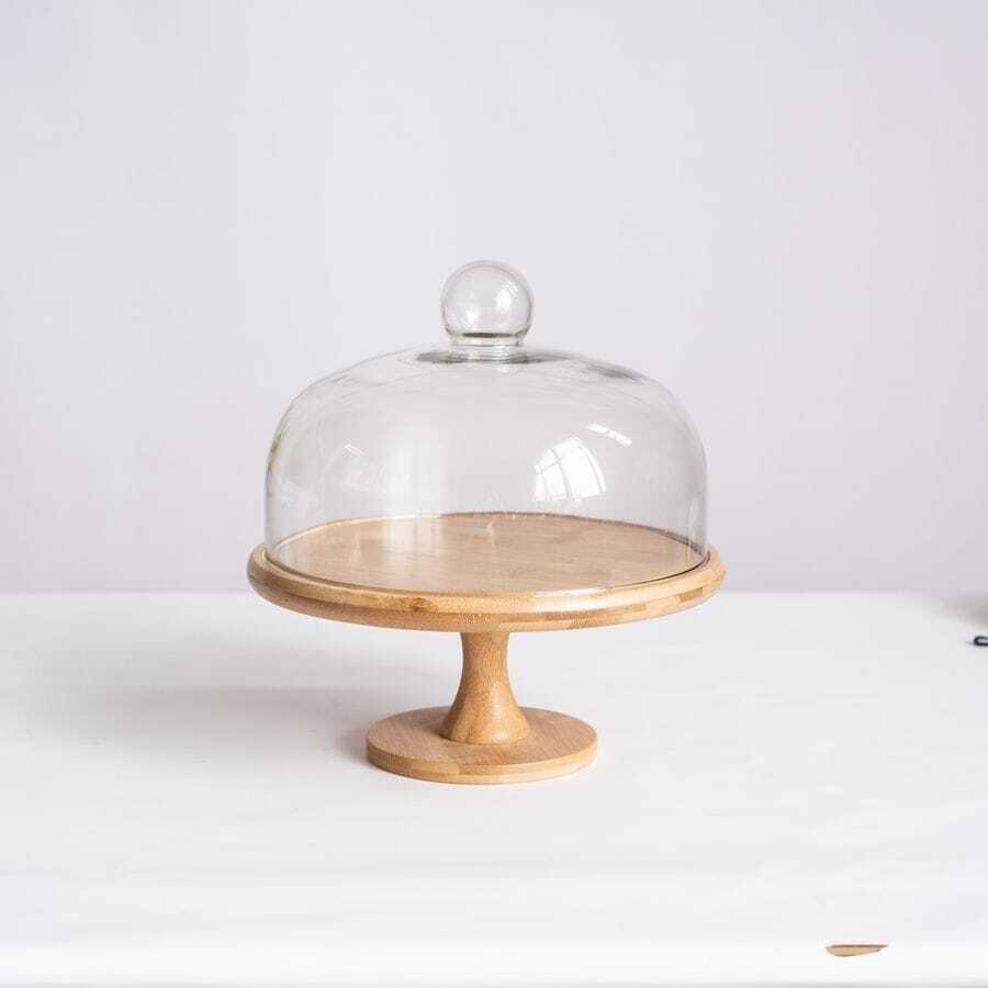 1set Bamboo Cake Stand With Glass Dome Cover, Food Display Stand For Dessert, Bread, Fruits - Ginger - View 1