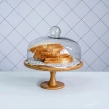 1set Bamboo Cake Stand With Glass Dome Cover, Food Display Stand For Dessert, Bread, Fruits - Ginger - View 5