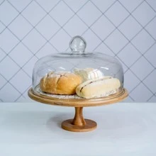 1set Bamboo Cake Stand With Glass Dome Cover, Food Display Stand For Dessert, Bread, Fruits - Ginger - View 4