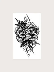 1 件时尚复古水墨山茶花临时纹身 - 黑色 - 查看 4