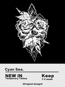 1 件时尚复古水墨山茶花临时纹身 - 黑色 - 查看 2