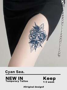 1 件时尚复古水墨山茶花临时纹身 - 黑色 - 查看 3