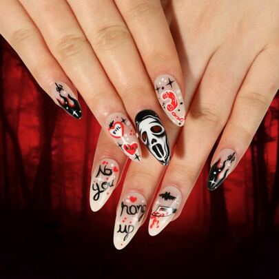 Nothing Spooky To See Here! 24pcs Halloween Press On Nails, Long Almond Skeleton Icons Acrylic False Nails Spooky Scaries Full Cover Fake Nail Kit