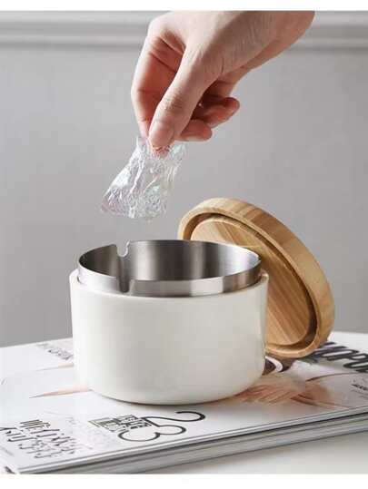 1pc Stainless Steel And Thick Bamboo Ashtray With Cover, Windproof, Can Be Detached Boy Valentine Heart Women's Valentine