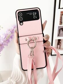 荔枝紋壓花PU皮革手機殼附帶繩子 - 淺粉色 - 查看 1