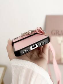 荔枝紋壓花PU皮革手機殼附帶繩子 - 淺粉色 - 查看 3