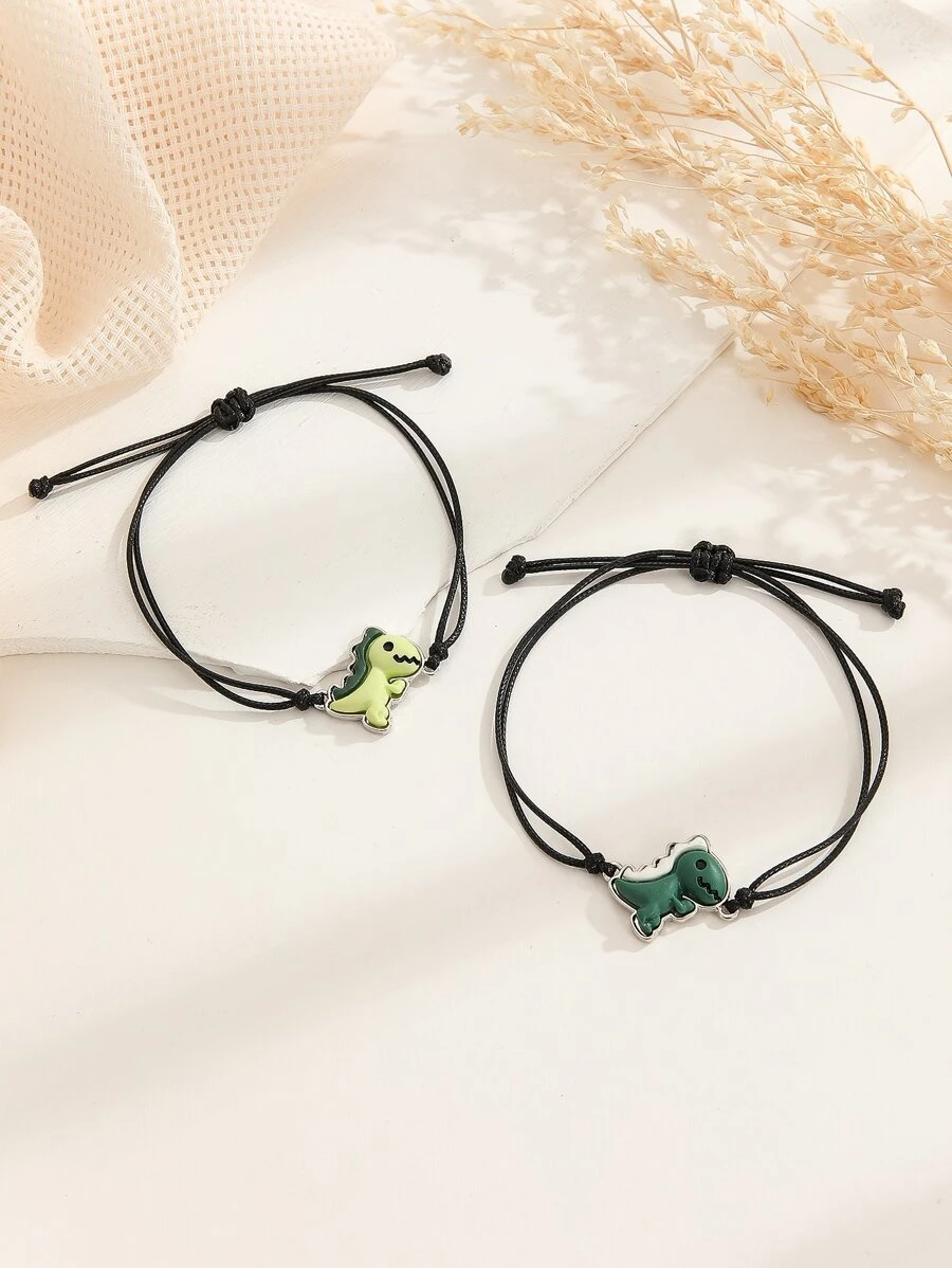 2入組情侶恐龍可愛簡約裝飾編織吊飾手鍊適合女士親人情人節節日禮物 - 彩色 - 查看 1