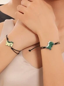 2入組情侶恐龍可愛簡約裝飾編織吊飾手鍊適合女士親人情人節節日禮物 - 彩色 - 查看 2