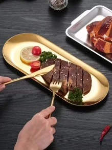 1 peça S/M/L Prato redondo de aço inoxidável dourado coreano para churrasqueira e casa, prato elíptico de vegetais para sobremesa/bolo/lanche de hotel, bandeja de joias/toalhas, prato de armazenamento de metal, prato de osso/prato raso para presente de Natal de restaurante - Ouro - Ver 9