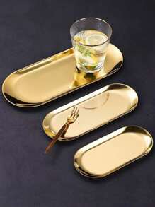 1 peça S/M/L Prato redondo de aço inoxidável dourado coreano para churrasqueira e casa, prato elíptico de vegetais para sobremesa/bolo/lanche de hotel, bandeja de joias/toalhas, prato de armazenamento de metal, prato de osso/prato raso para presente de Natal de restaurante - Ouro - Ver 5