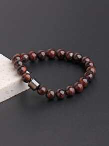 1pc Men's Essential Red Tiger Eye Black Lava Stone Beaded Magnetic Bracelet - Coffee - View 3