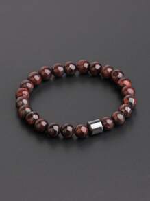 1pc Men's Essential Red Tiger Eye Black Lava Stone Beaded Magnetic Bracelet - Coffee - View 2