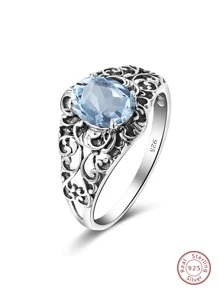 Cubic Zirconia Decor Sterling Silver Ring - Blue - View 1