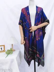 1入組女士夏天圖案圍巾,薄海灘披肩,防曬霜 - 藏蓝色 - 查看 1