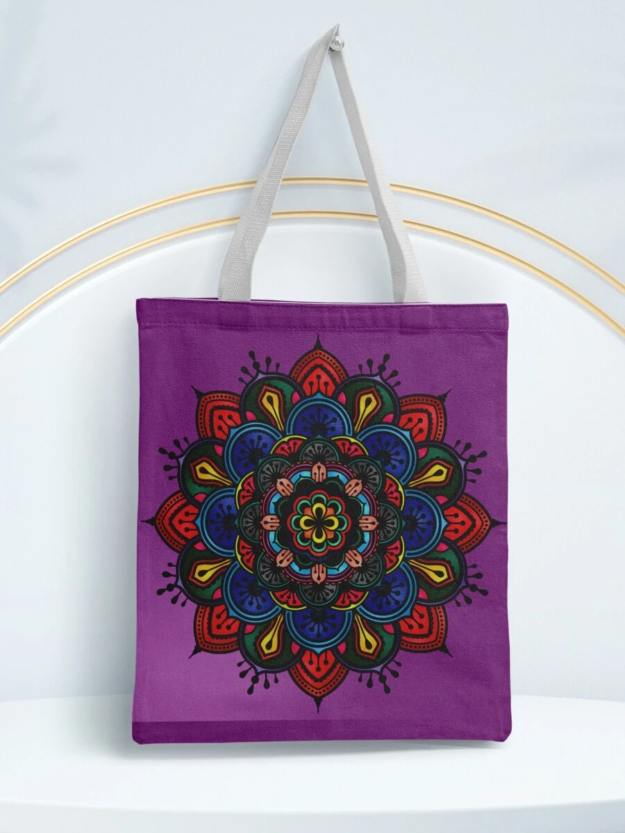時尚紫色曼陀羅印花帆布包便攜可折疊單肩包輕便吊索購物袋 - 紫色 - 查看 1