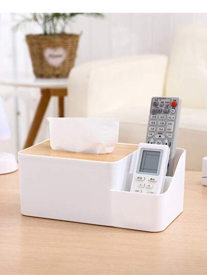 1 pieza Caja de pañuelos de escritorio blanca con tapa de bambú para sala de estar, soporte para almacenamiento de control remoto de plástico, artículos para el hogar, mesa, decoración del hogar, organización y almacenamiento del hogar, decoración de habitación, decoración de dormitorio, accesorios de cocina, herramientas de cocina, organizador de cocina, viaje, vacaciones, portapañuelos, portanachos, reunión familiar festiva, decoración de mesa de cocina y comedor para el hogar, accesorios decorativos del hogar, caja decorativa, regalo de boda para mujeres, imprescindible para viajes y vacaciones de verano