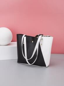 1 件 PU 拼接时尚围巾标志热转印手提包、手提包、单肩包、购物袋、休闲日常使用 - 黑與白 - 查看 5