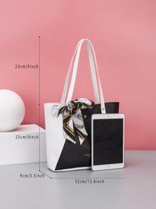 1 件 PU 拼接时尚围巾标志热转印手提包、手提包、单肩包、购物袋、休闲日常使用 - 黑與白 - 查看 7