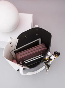 1 件 PU 拼接时尚围巾标志热转印手提包、手提包、单肩包、购物袋、休闲日常使用 - 黑與白 - 查看 6