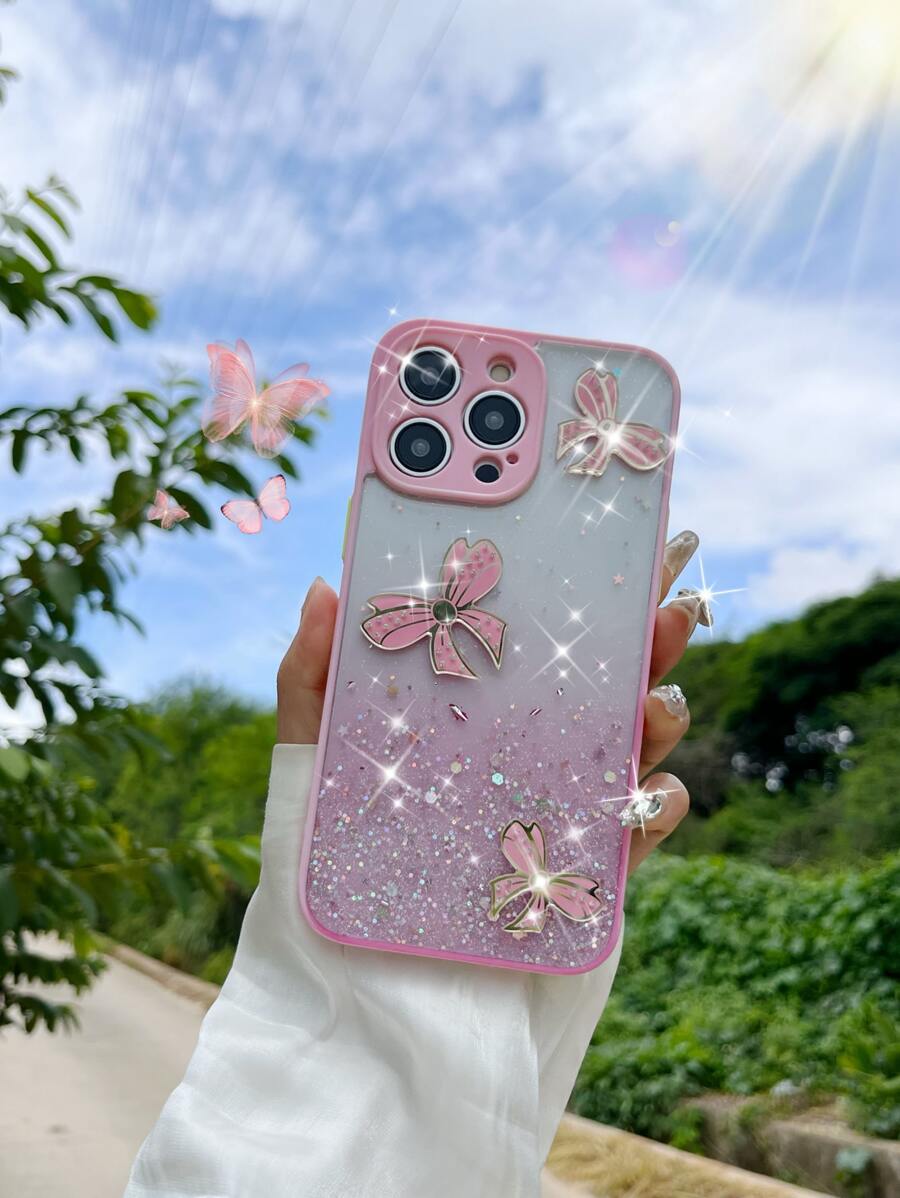 蝴蝶結和亮片裝飾手機殼 - 粉色 - 查看 1