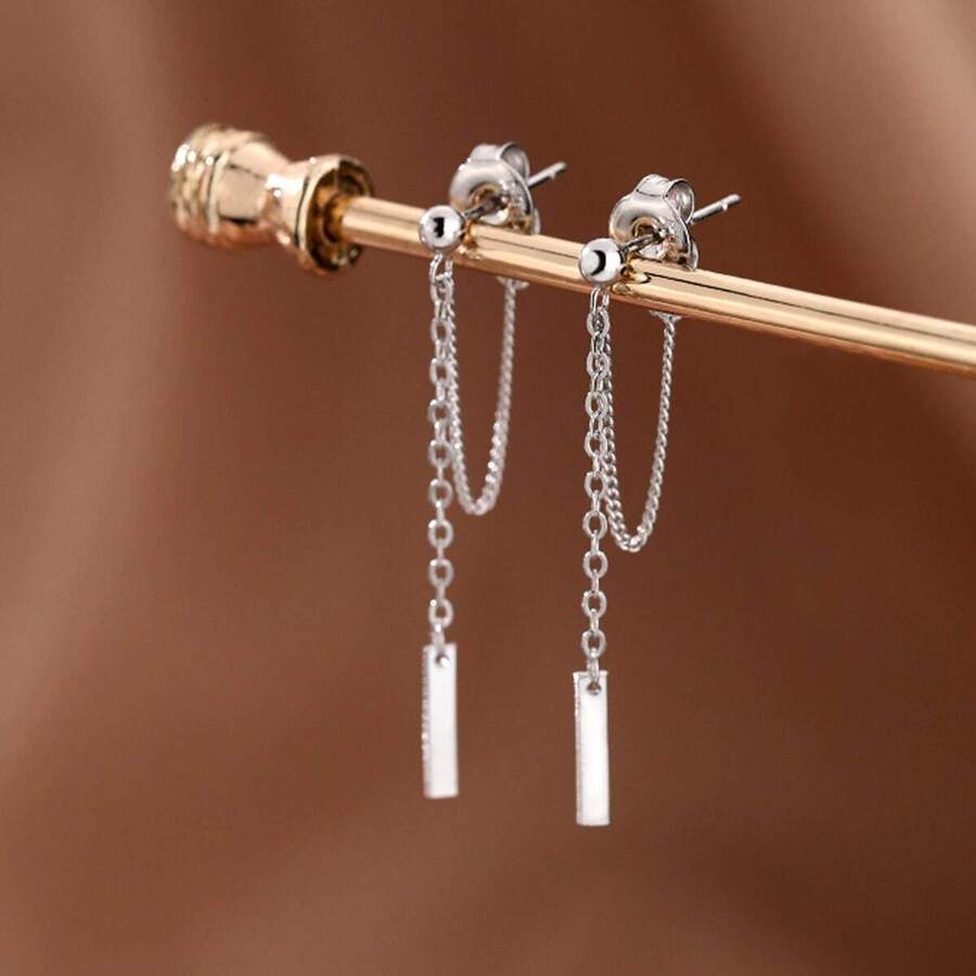 1pair Fashionable Versatile Unique Design Long Chain Earrings For Women - Silver - View 1
