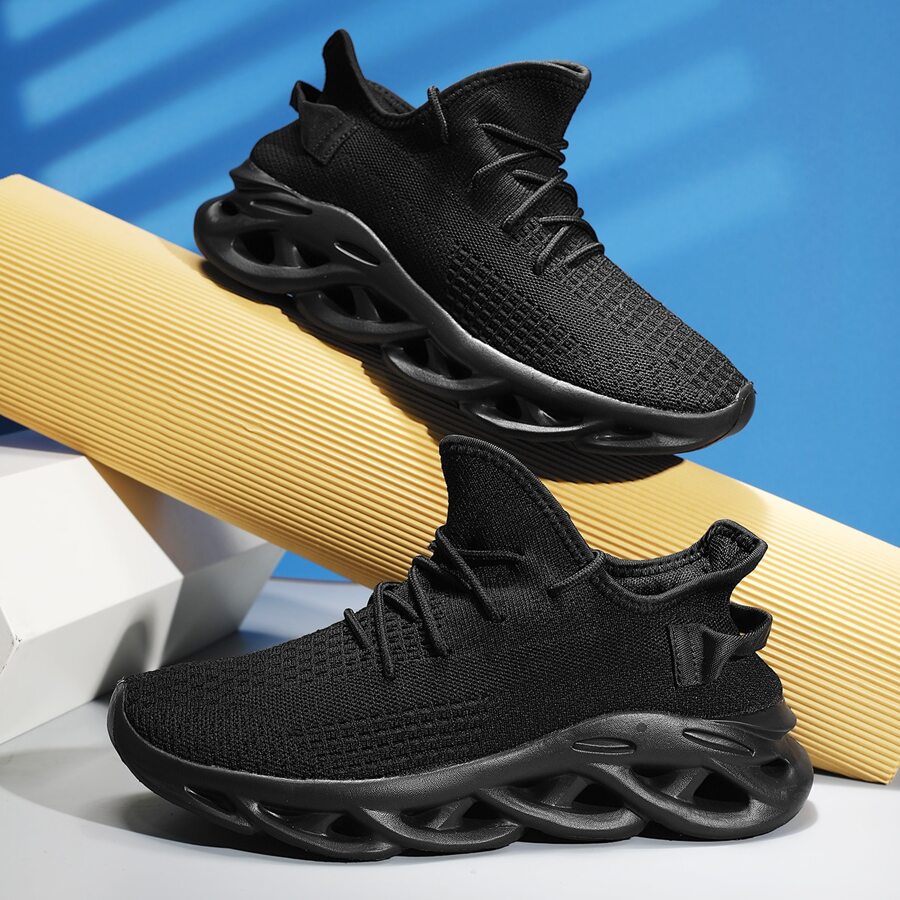 男士極簡風格前繫帶跑步鞋,運動運動鞋 - 黑色 - 查看 1