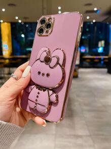 Pink Apple Bunny Cute Stuff 1pc Cartoon Rabbit Electroplated Tpu Mirror Stand Phone Case Compatible With IPhone 15/15Pro/15Plus/15Promax Kawaii Waterproof Shockproof Anti-Fall Scratch Resistant - Purple - View 4