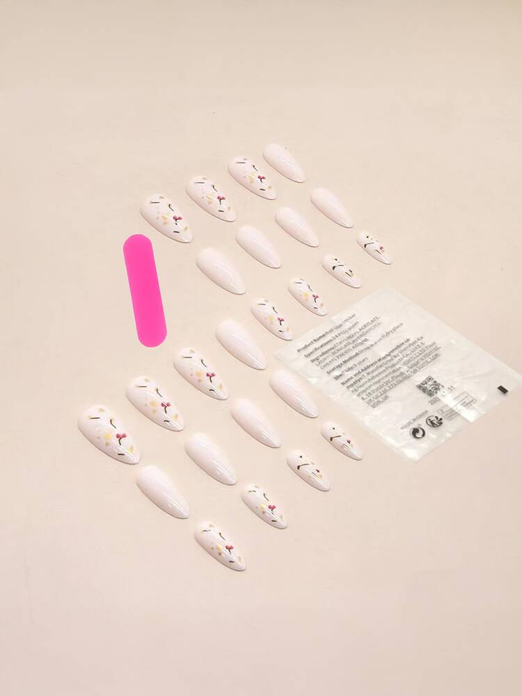 Nâng cấp Của bạn Với 24 cái Dài Hạnh nhân In hoa Che đậy hoàn toàn Móng tay giả Bộ dụng cụ - trắng - Xem 2