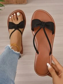 時尚T字帶涼鞋適合女士,打結和抽褶細節平底涼鞋 - 黑色 - 查看 1