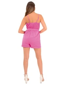 Women's Criss-Cross Neck Shirt Unitards Jumpsuit With Lace And Belt Solid Straps Criss-Cross Chest, Blouse, Elastic Waist And Shorts Jumpsuit Overalls - Pink - View 3