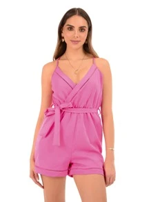 Women's Criss-Cross Neck Shirt Unitards Jumpsuit With Lace And Belt Solid Straps Criss-Cross Chest, Blouse, Elastic Waist And Shorts Jumpsuit Overalls - Pink - View 1