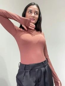 Body Feminino Marrom Preto Segunda Pele Térmico Gola Alta Dedal Manga Longa com Dedeira Outono Inverno Malha Proteção UV50 Casual ou Esporte