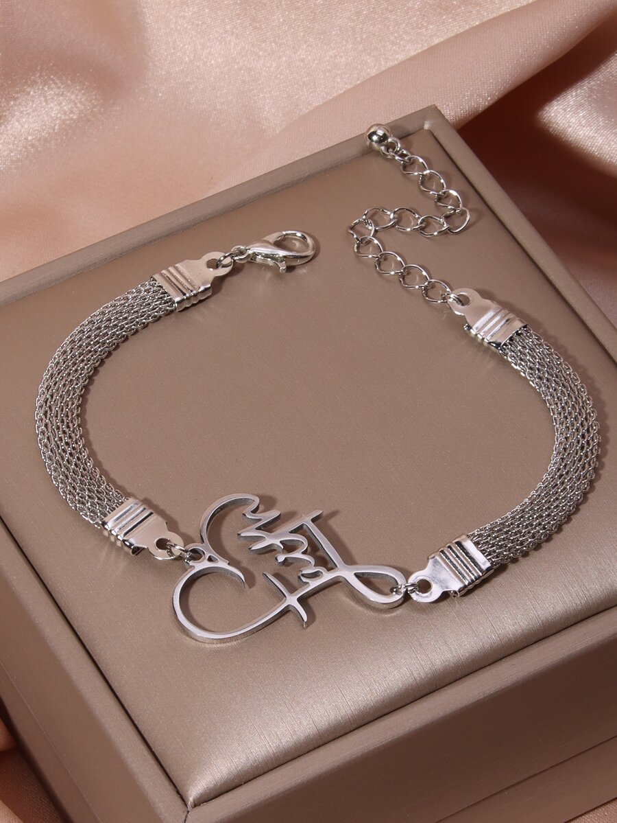 不銹鋼愛心設計創意優雅懸垂手環鍍銀首飾類女士流行禮品男士創意首飾類 - 銀色 - 查看 1