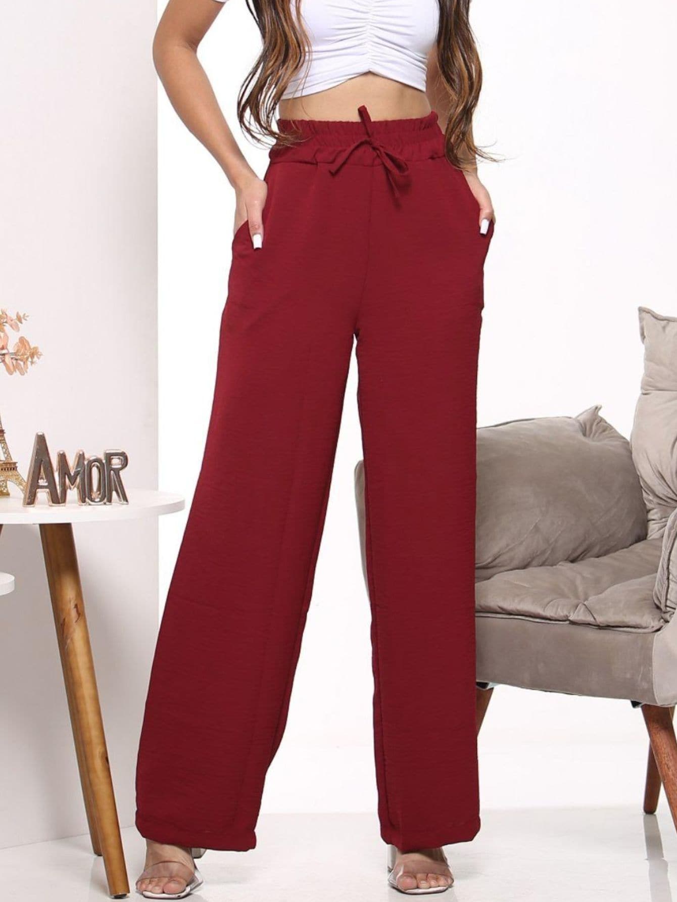 Women Pants - 酒紅色 - 查看 1