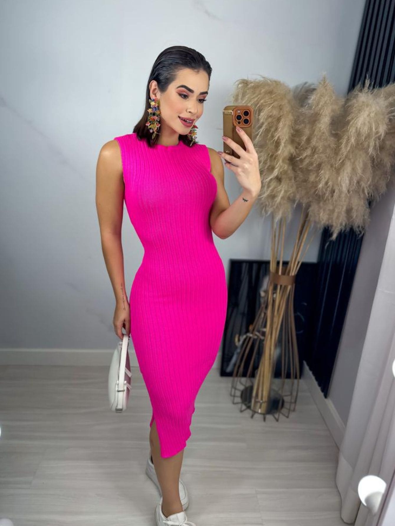 Women Sweater Dresses - Màu Hồng Tươi - Xem 1