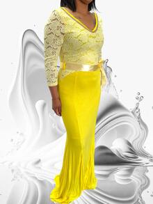 Vestido de fiesta con encaje superior manga larga - Amarillo - Ver 2