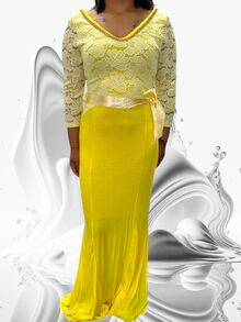 Vestido de fiesta con encaje superior manga larga - Amarillo - Ver 1