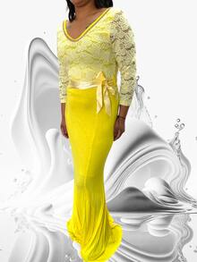 Vestido de fiesta con encaje superior manga larga - Amarillo - Ver 3