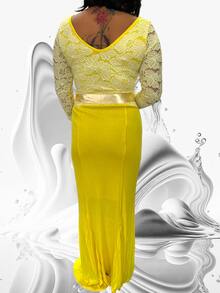 Vestido de fiesta con encaje superior manga larga - Amarillo - Ver 5