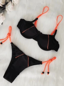 Contrast Piping Tie Side Bikini Set - Black - View 1