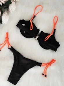 Contrast Piping Tie Side Bikini Set - Black - View 2