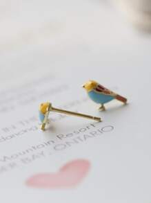 HuooNew 1對可愛的925純銀多彩鳥耳環，中性生日禮物 - 銀色 - 查看 5