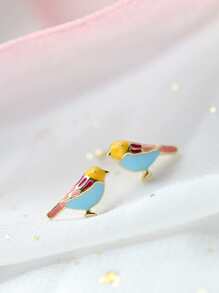 HuooNew 1對可愛的925純銀多彩鳥耳環，中性生日禮物 - 銀色 - 查看 3
