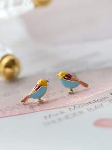 HuooNew 1對可愛的925純銀多彩鳥耳環，中性生日禮物 - 銀色 - 查看 6