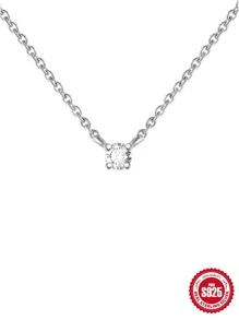 1PC Round Cubic Zirconia 925 Sterling Silver Necklace For Women Initial Pendant Long Chain Wedding Jewels Luxury  Fine Jewelry - Silver - View 4