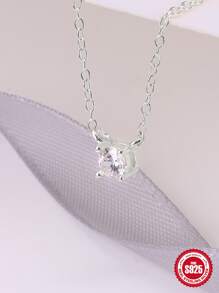 1PC Round Cubic Zirconia 925 Sterling Silver Necklace For Women Initial Pendant Long Chain Wedding Jewels Luxury  Fine Jewelry - Silver - View 5