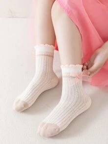 4pairs/set Girls' Lace Trimmed Strawberry Rabbit Bowknot Embellished Mid-calf Socks, Suitable For Daily Wear - Multicolor - View 4